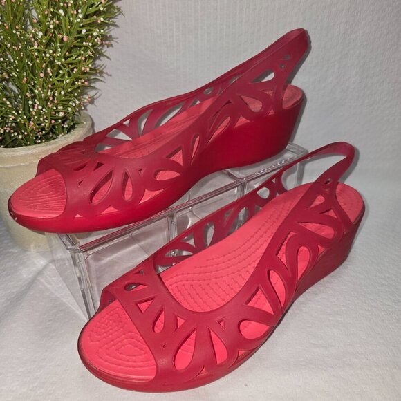 CROCS WOMENS BRIGHT PINK JELLY SLINGBACK WEDGE SANDALS SIZE 9 EUC - Picture 6 of 6